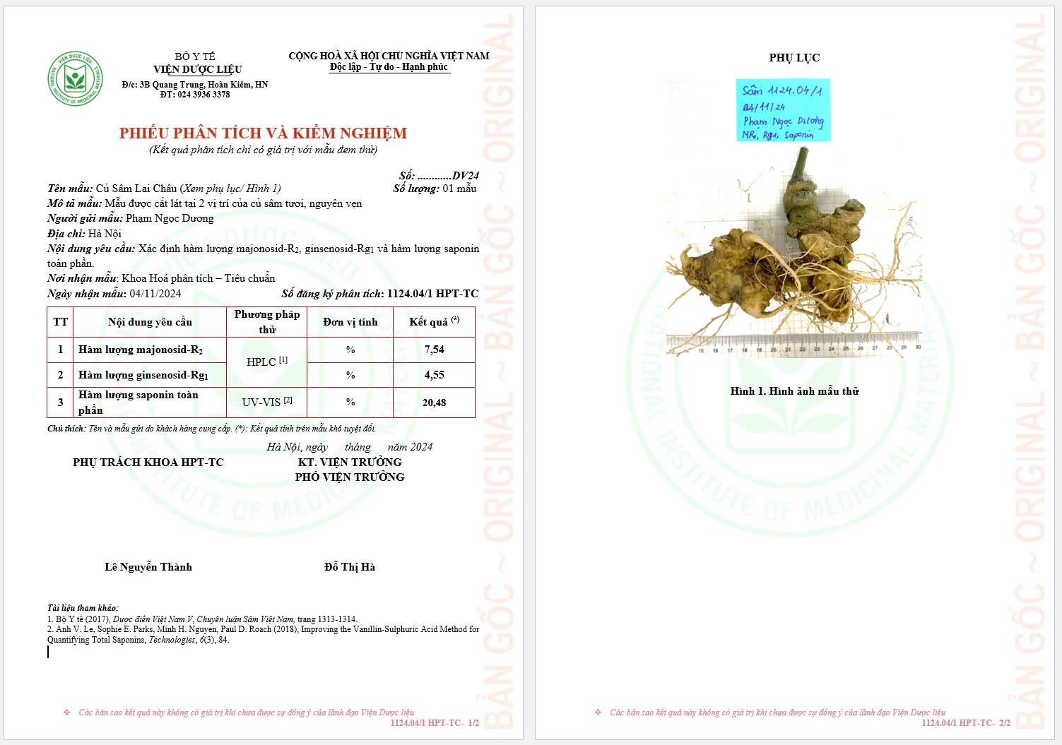 dinh luong saponin mr2 trong cu sam lai chau